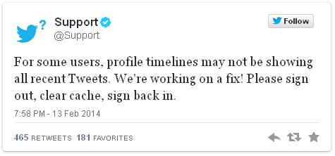 Twitter's @Support account reveals that technical glitches have been affecting users during February