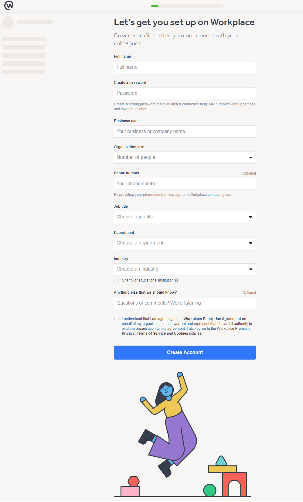From there, the process really gets going - fill in yours and your organisation's details to create your Workplace account