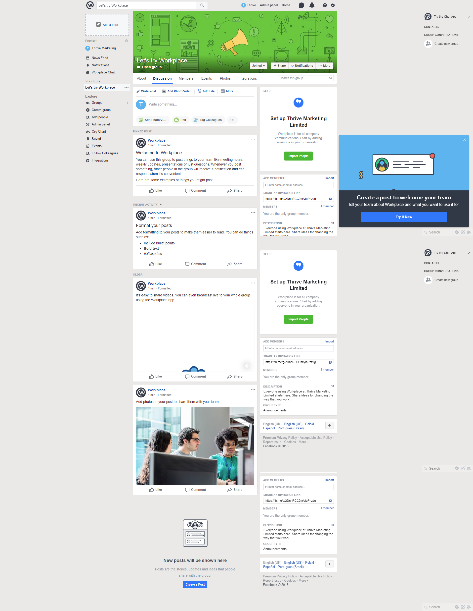 You're set up! This is your organisation's News Feed. It is your personalised News Feed keeping you up to date of all the people and groups you follow. When you first get to this stage there is lots of advice and optional tutorials to help.