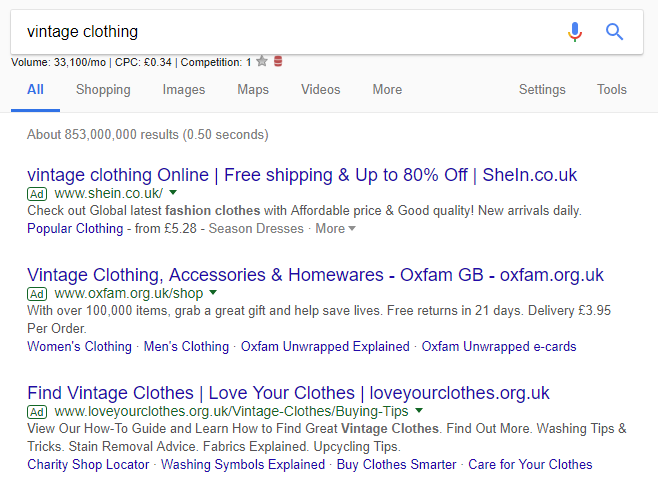 A search for 'vintage clothing' on Google