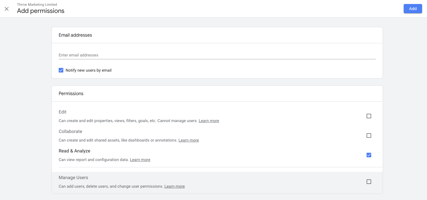 Google Analytics Adding Permissions