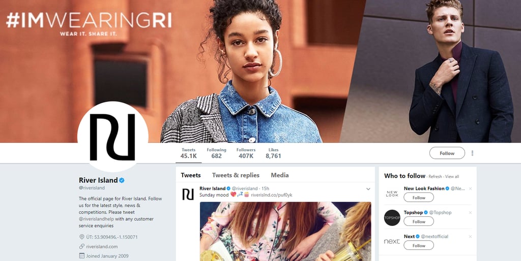 River Island Twitter header with a branded hashtag - #IMWEARINGRI