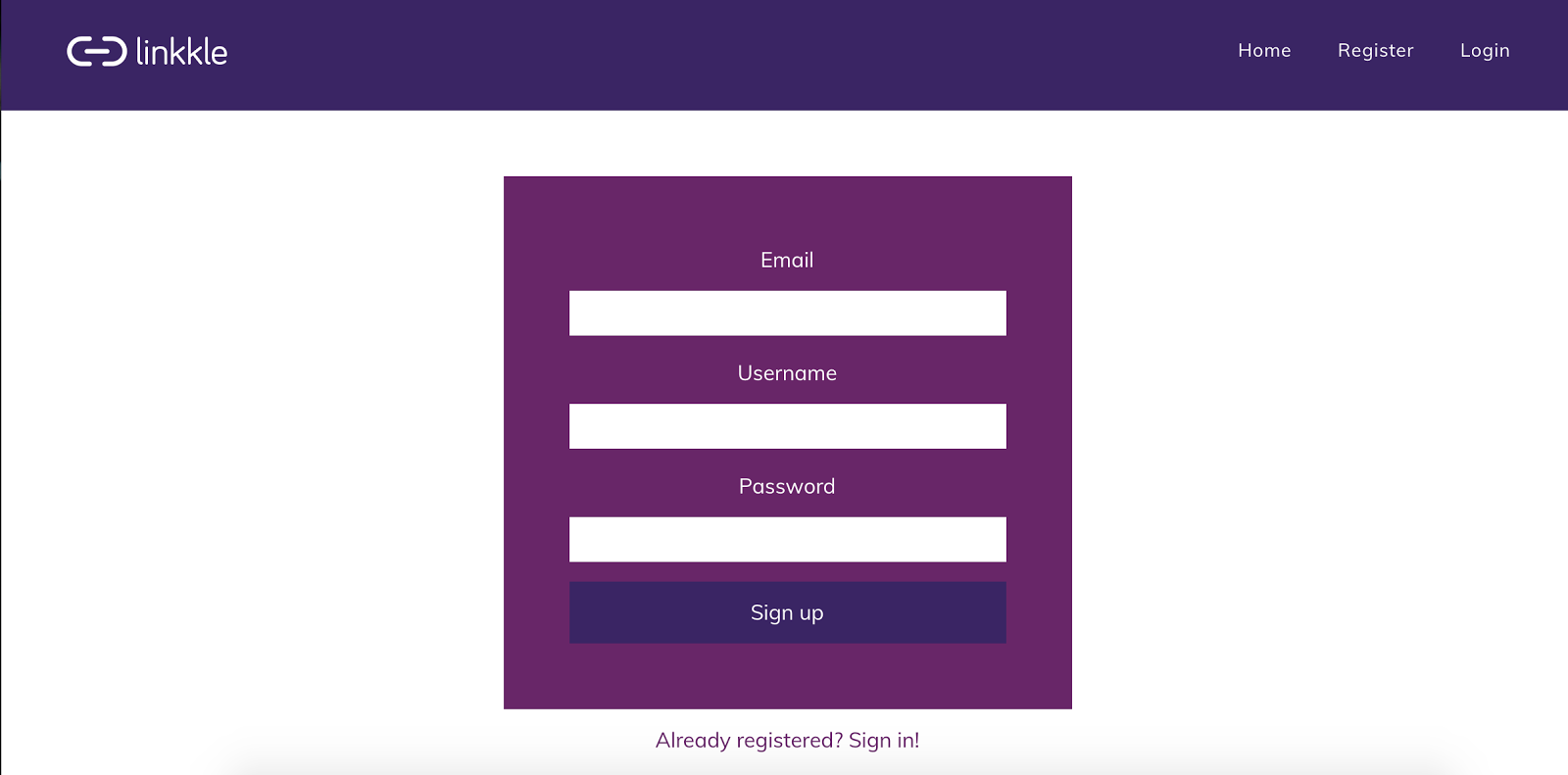 Linkkle Sign Up Page