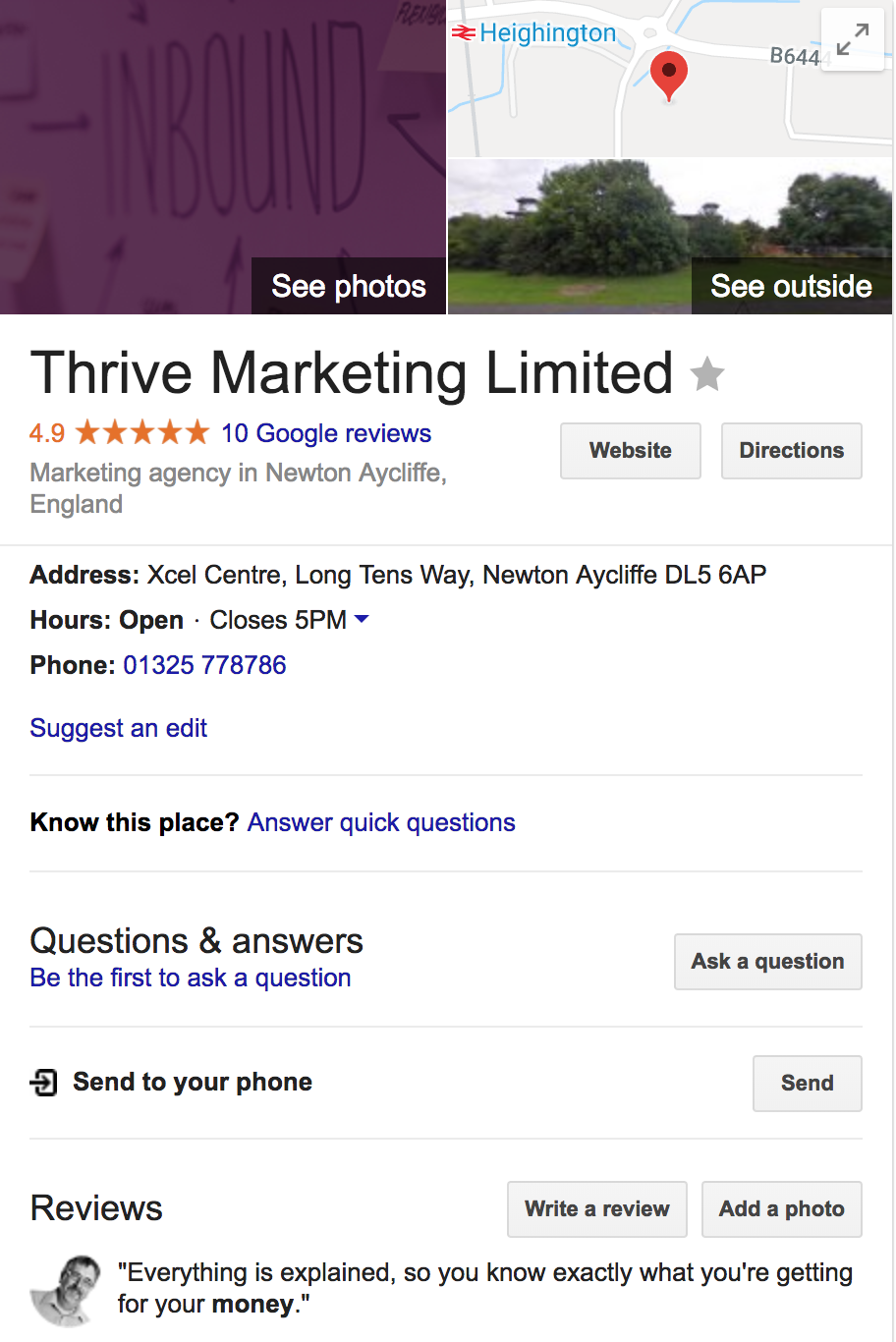 Thrive Marketing's Google My Business Listing