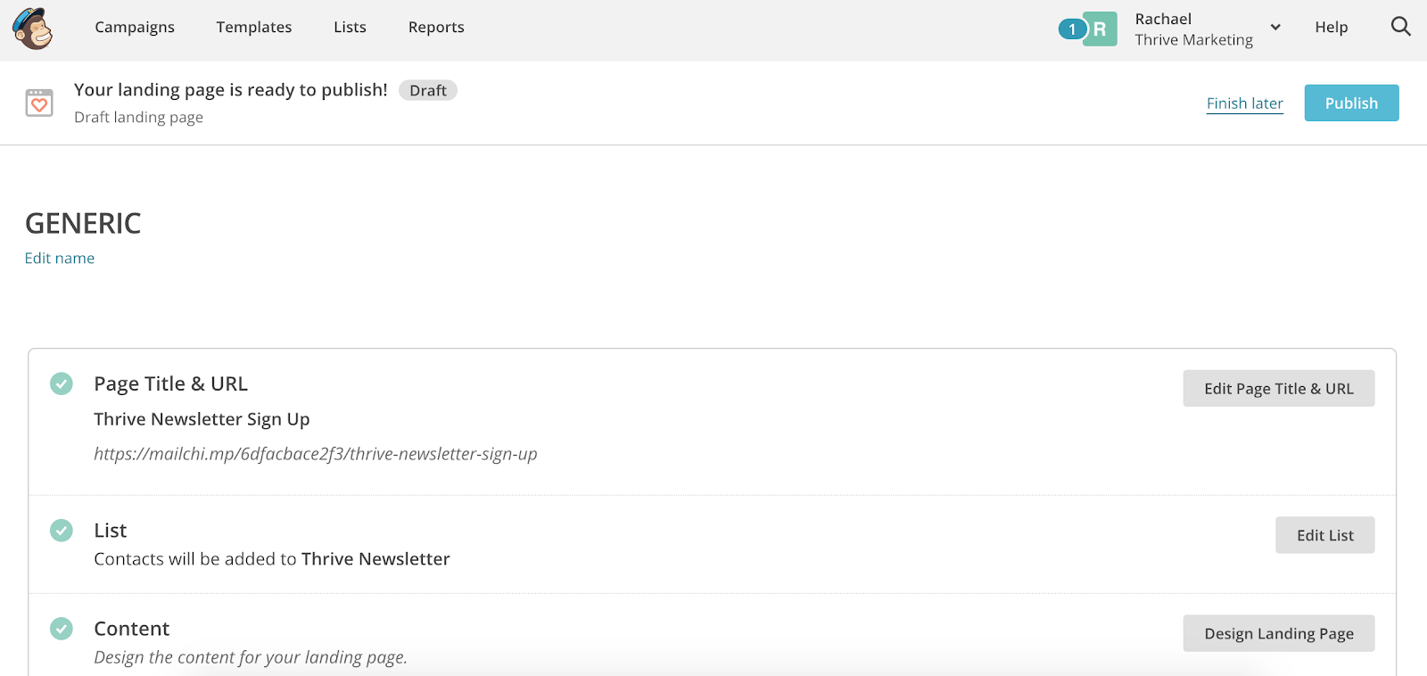 MailChimp Landing Page Publish