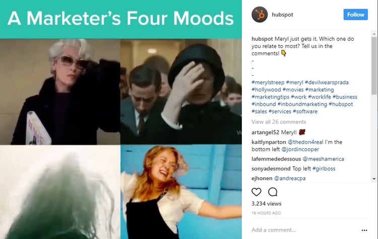 A screenshot of an Instagram post by Hubspot in which they have shared a picture of 'marketers four moods' including a question caption which people have responded to.