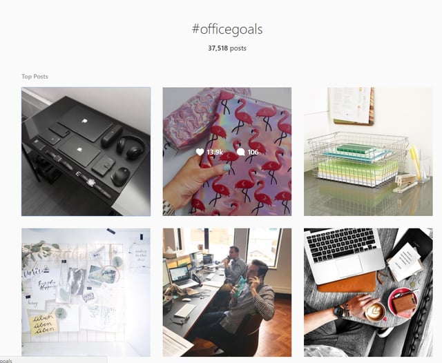 A screenshot of the search for the hashtag #officegoals, in which six posts are shown. One of the posts displays 13.9K likes and 106 comments. 