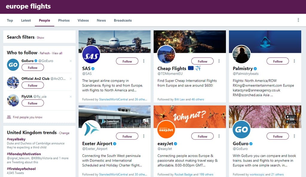 A Twitter search for 'Europe flights' demonstrating the use of keywords