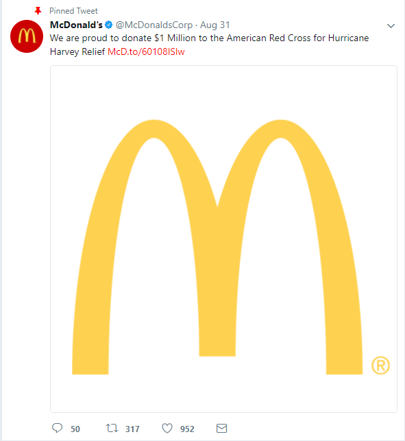 McDonald's pinned tweet sharing their Hurricane Harvery donation 